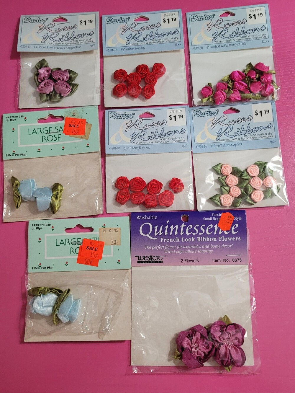 Vintage Assorted Bundle Of Small Ribbon Roses And Flowers.  8 Packs (1210)